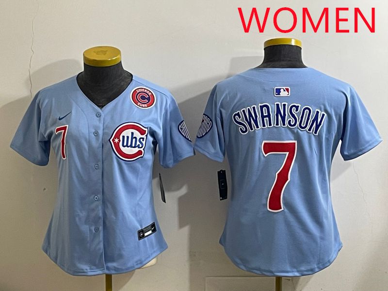 Women 2025 Chicago Cubs #7 Swanson Light Blue Game Nike MLB Jersey style 4->women mlb jersey->Women Jersey